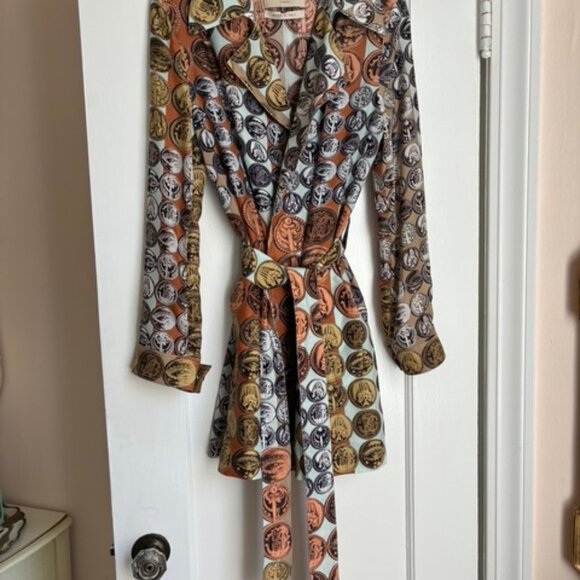 Roberto Cavalli Silk Coat Trench IT40 US4 Coins Fornasetti Copper Gold Small - Picture 5 of 15